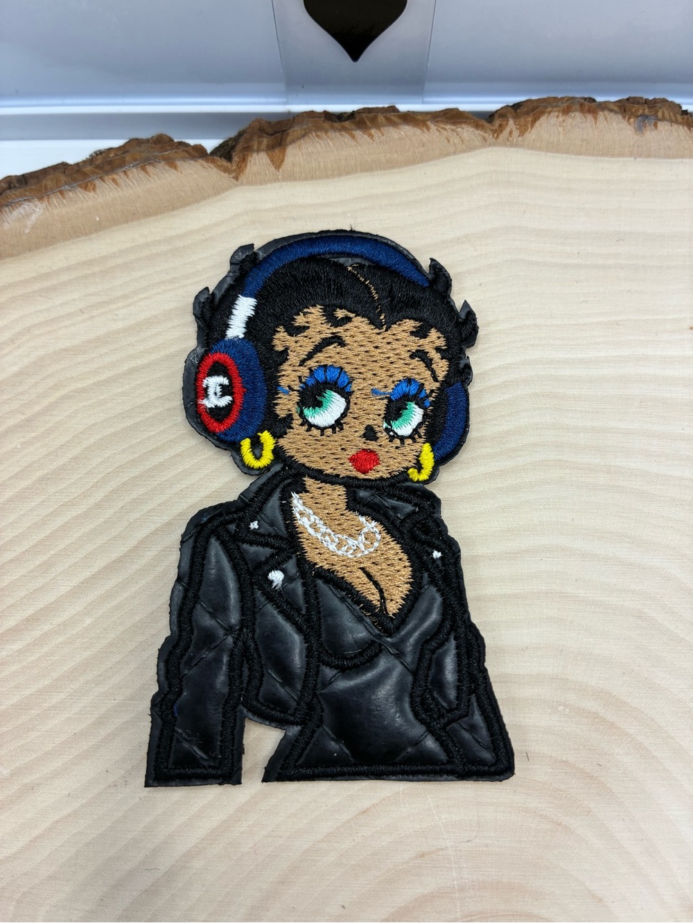 Betty Boop Black Leather Jacket Patch with Blue Headphones